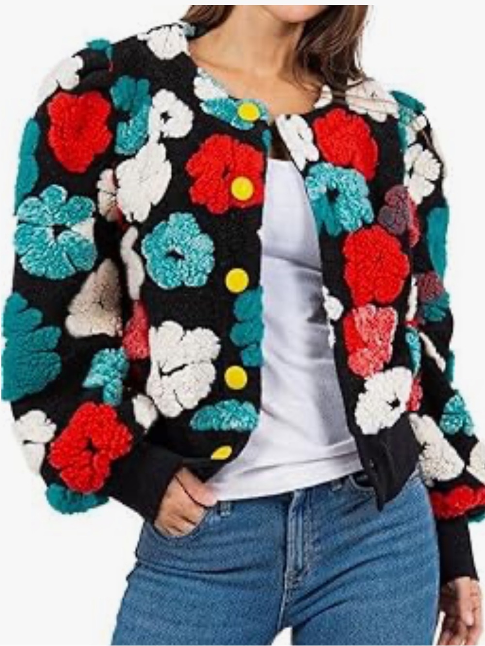 Veveret Black Floral Sherpa Bomber Jacket - Turquoise, Red, Cream